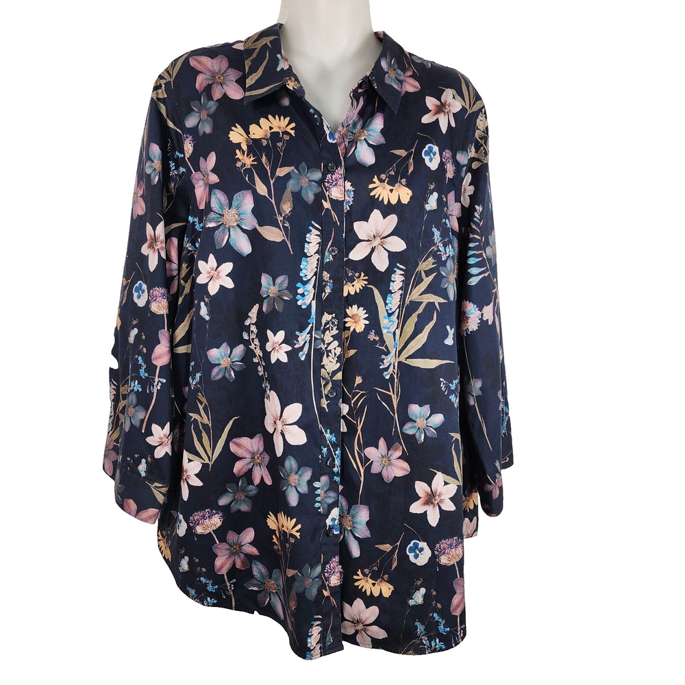 Coldwater Creek Grace's Garden Anytime No Iron Tunic Top Floral 18W Plus Button